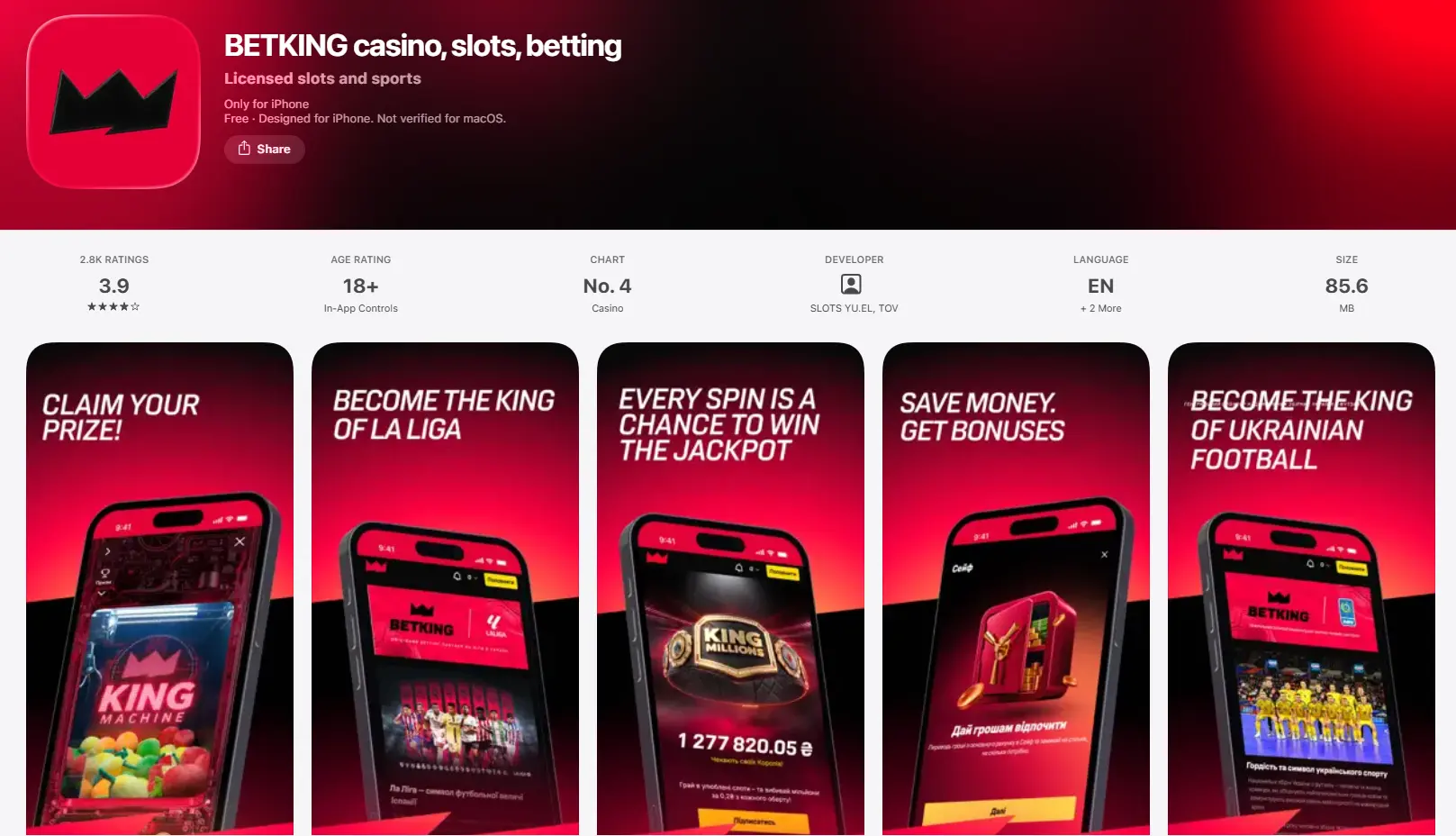 Приложение BETKING casino, slots, betting в App Store от SLOTS YU.EL, TOV